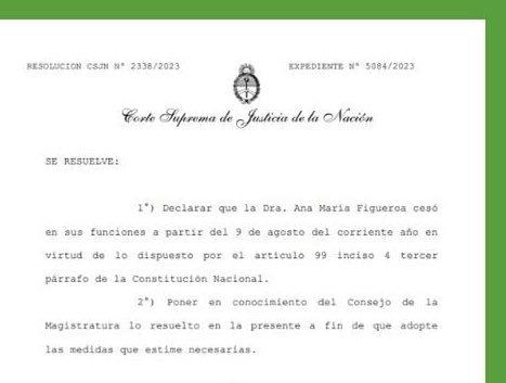 La Corte Suprema ordenó que la jueza Ana María Figueroa deje su cargo